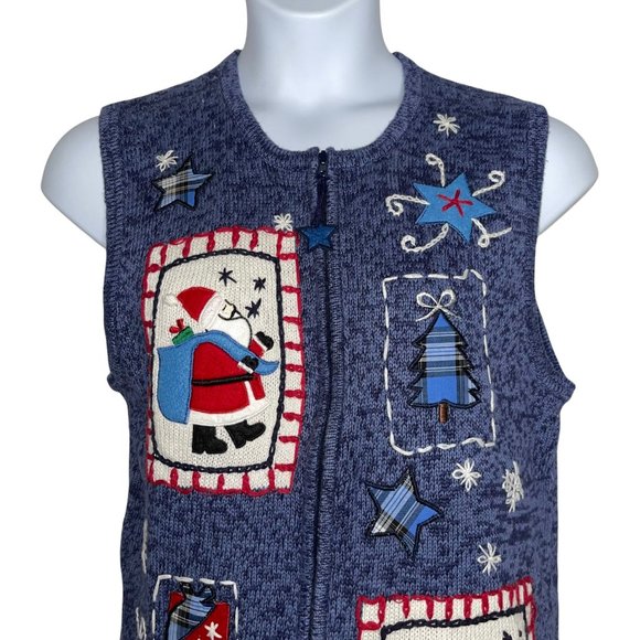 Bobbie Brooks Santa Christmas Sleigh Snowflakes Cardigan Sweater Vest L 12/14 - Picture 2 of 8